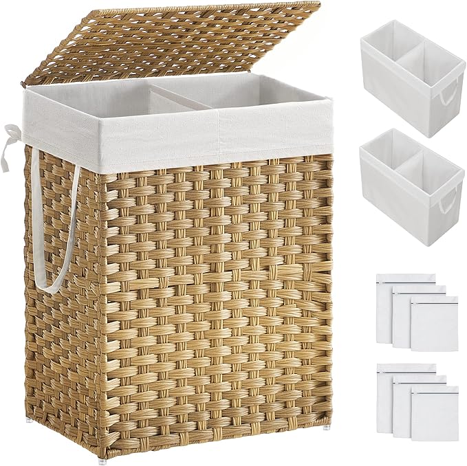 SONGMICS Laundry Hamper with Lid, 90L Clothes Hamper with 2 Removable Liner Bags, 6 Mesh Bags, Wicker Laundry Basket, Double Laundry Hamper for Bathroom, 13 x 18.1 x 23.6 Inches, Natural ULCB251N01V1