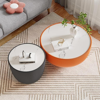 Round Coffee Table Set with Sintered Stone Tabletop, 29.53" Orange Drum Center Table and 19.69" Grey Coffee Table Set, 2 Pieces Living Room Table Set with Fluted PU Leather Cover& Metal Base