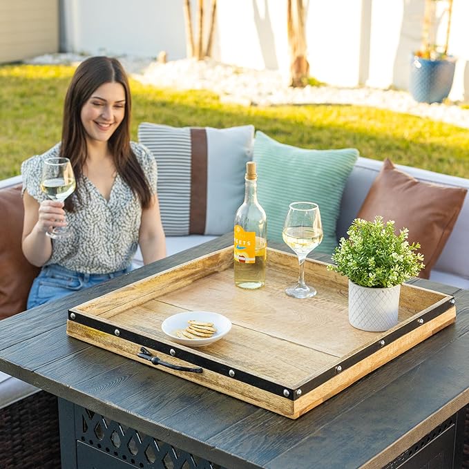 24"x24" Extra Large Square Ottoman Tray, Heavy Duty Mango Wood, for Serving Tea, Breakfast in Bed, Living Room Large Coffee Table Tray Rustic with Farmhouse Style, Decorative Handles and Accent Strap