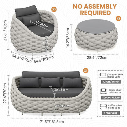 Erotr Aluminum Outdoor Seating Set: 5 Pieces Woven Rope Patio Conversation Set - Metal Sofa Set Cushioned Assembled - Modern Couch Porch Furniture for Deck Lanai Balcony Yard Poolside Hotel Resort