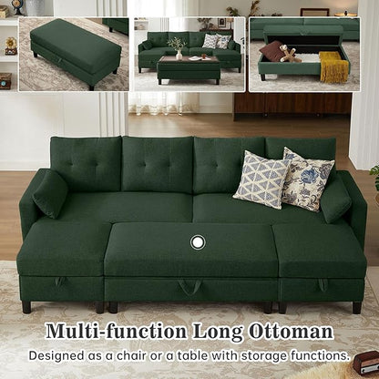 101" Convertible Sectional Sofa with Ottoman Coffee Table, Modern Linen Fabric U-Shaped Couch with Storage Pocket, 4 Seat Sofa Couches for Living Room, Apartment, Office, Green