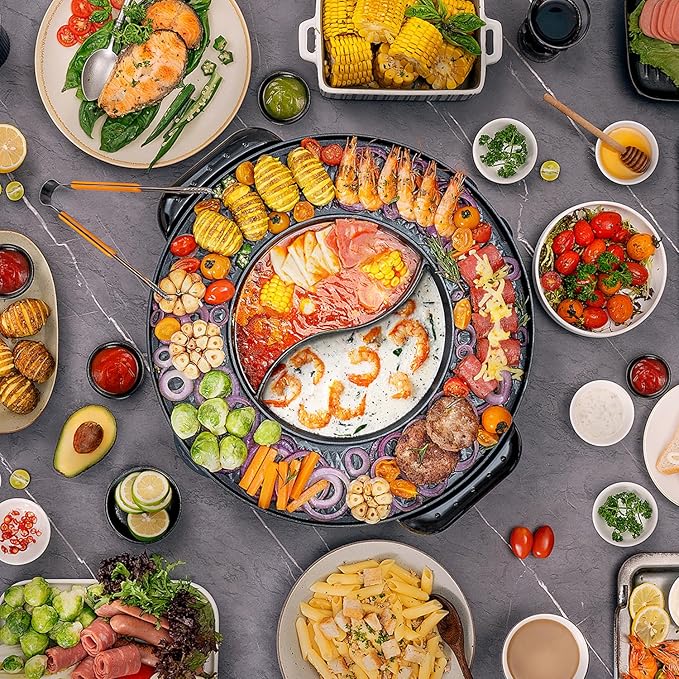 Food Party Hot Pot with Grill 2 in 1 Electric Smokeless Grill and Hotpot Pot