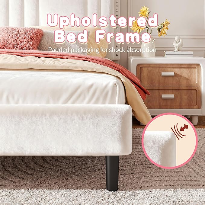 EnHomee Full Size Bed Frame with LED and Velvet Upholstered Headboard, Platform Bed Frame with Height Adjustable Headboard, No Box Spring Needed,Easy Assembly,Cream