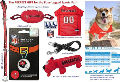 Tampa Bay Buccaneers PET GIFT BOX with 2 Licensed DOG TOYS, 1 Logo-engraved NATURAL DOG TREAT, 1 NFL JERSEY, 1 Puppy Training Bells & 1 Car Seatbelt
