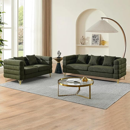 mikibama Luxury Teddy Sofa Set for Living Room, Modern Decor Furniture Sectional Sofa, 3 Seater Couch and Loveseat with 5 Pillows for Apartment, Office, Hall (Green)