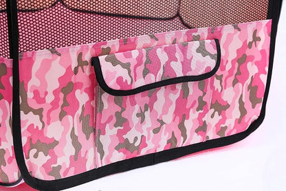 Pawer 45”×24” 8-Panel Foldable Pet Playpen, Pink Camouflage Pattern, Personalize Fabric Piece Available, for Cat/Dog/Puppy, 600D Oxford Cloth Portable Indoor & Outdoor Kennel with Carry Bag