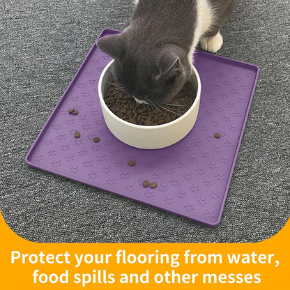 Ptlom Dog Food Mat Anti-Slip Bowl Mats for Food and Water, Waterproof Silicone Pet Placemat with High Raised Edges, Non-Slip Puppy Feeding Tray for Small, Medium Large Cats Dogs, Purple, 11.8"x11.8"