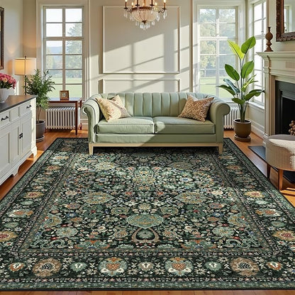 6x9 Vintage Rugs for Dining Room, Washable Rugs Non Slip Large Area Rug for Living Room Bedroom Office, Floor Decoration Big Rug Low-Pile Kid & Pet Friendly(Dark Green
