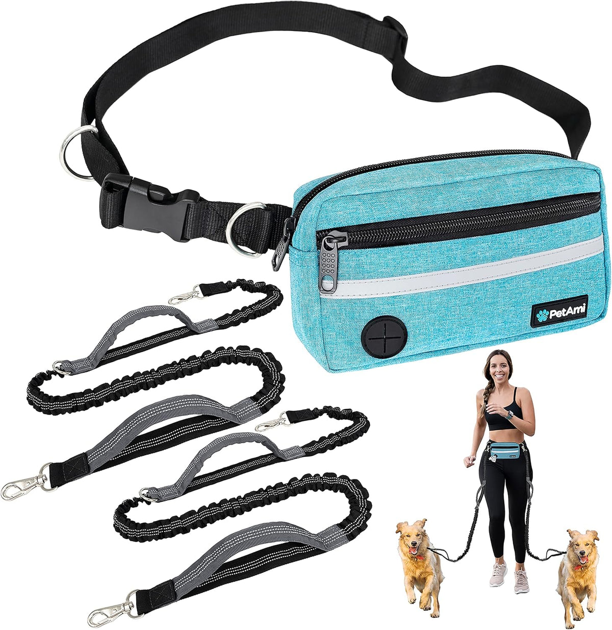 PetAmi Hands Free Dog Leash, Dog Running Leash Belt for Walking Jogging, Dog Waist Zipper Pouch Fanny Pack with Poop Bag Dispenser, Dual Padded Handle Bungee Leash for Small Medium Large Dogs, Double