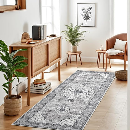 Runner Rugs for Hallway 2x6 Ft Non-Slip Fall Runner Rugs with Rubber Backing Washable Rug Runner for Kitchen Bedroom Vintage Distressed Carpet (Border Grey)