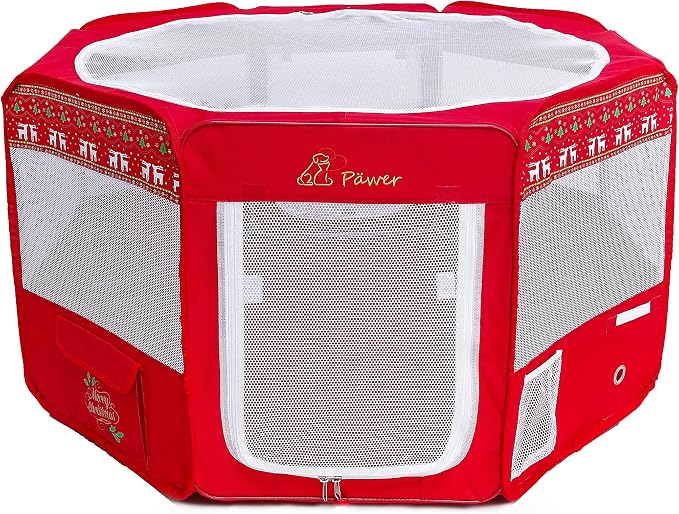 Pawer 36”×18.5” 8-Panel Foldable Pet Playpen, Red with Christmas Printing, Personalize Fabric Piece Available, for Cat/Dog/Puppy,600D Oxford Cloth Portable Indoor & Outdoor Kennel with Carry Bag