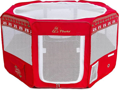 Pawer 36”×18.5” 8-Panel Foldable Pet Playpen, Red with Christmas Printing, Personalize Fabric Piece Available, for Cat/Dog/Puppy,600D Oxford Cloth Portable Indoor & Outdoor Kennel with Carry Bag
