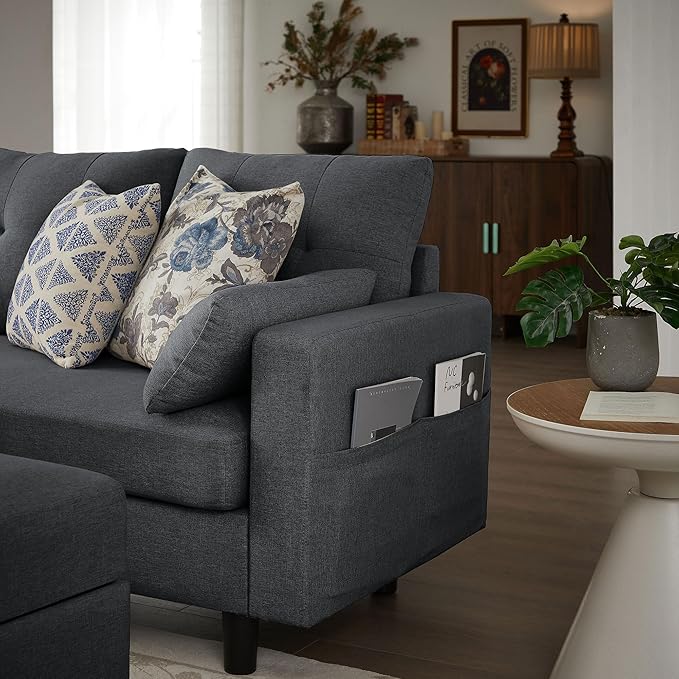 101" Convertible Sectional Sofa, Modern Linen Fabric U-Shaped Couch with 2 Storage Ottomans and Storage Pocket, 4 Seat Sofa Couches for Living Room, Apartment, Office, Darkgrey
