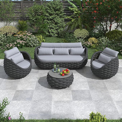 Erotr Modern Outdoor Living Room Furniture Set: 4-Piece Alumunim Assembled Woven Rope Accent Patio Conversation Set, All-Weather Lounge Sofa Set for Porch Backyard Garden Deck Poolside Hotel