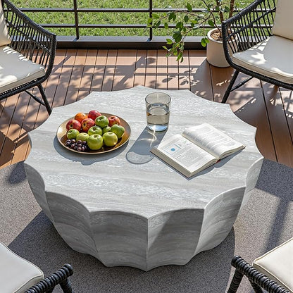 35" Outdoor Round Coffee Table Modern Stylish Design Waterproof & Moisture-Proof No Assembly Required Outdoor Coffee Table for Patio, Garden, Backyards - US Warehouse (Marble White)