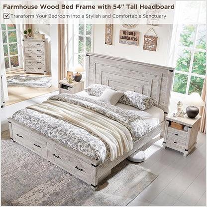 RedLemon Farmhouse Queen Size Bed Frame w/ 54" Tall Geometric Headboard, Rustic Wood Platform Bed w/ 2 Large Storage Drawers, Wood Slats Support, Noise Free, No Box Spring Needed, Antique Brush White