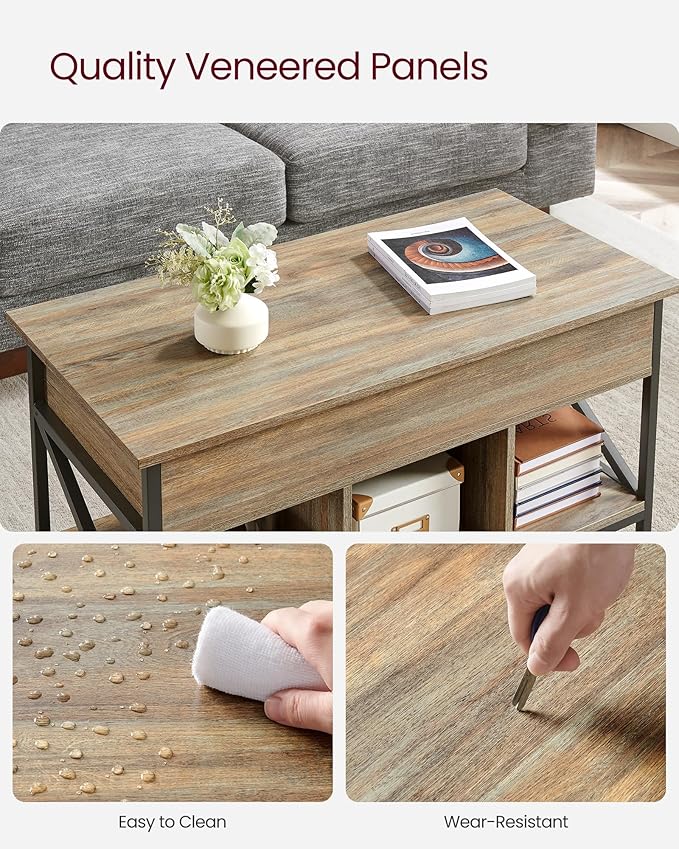 VASAGLE Lift Top Coffee Table, Lift Coffee Table with Storage Shelf, Hidden Compartments and Lifting Top, for Living Room, Office, 19.7 x 39.4 x (19.3-24.4) Inches, Oak with Blue Grains ULCT202B60