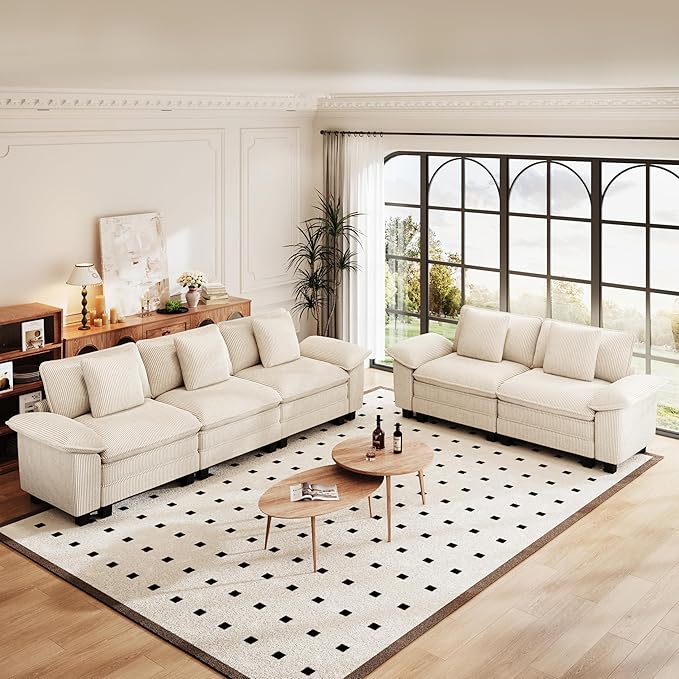 PHI VILLA Cloud Modular Couches Sets, 2 Pieces Comfy Sectional Sofa Set with Loveseat, 5-Seater Upholstered Couch for Living Room, Corduroy, Beige