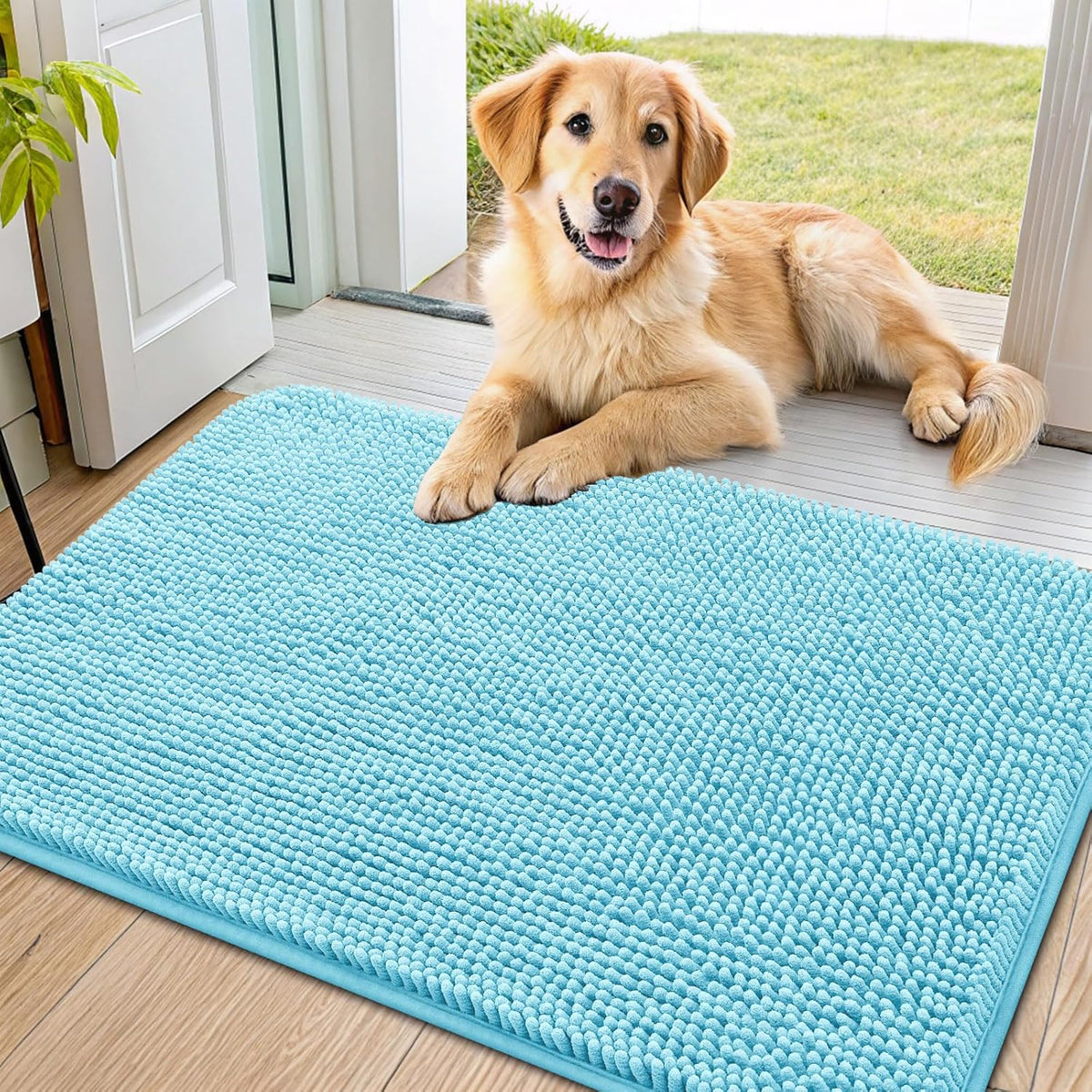 Smiry Dog Door Mat for Muddy Paws 36x24, Absorbs Moisture and Dirt Doormat, Non-Slip Washable Quick Dry Chenille Front Door Mat Indoor Entrance, Entryway Carpet for Inside Floor, Sky Blue