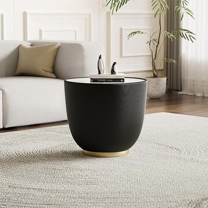 Round Coffee Table Set with Sintered Stone Tabletop, 29.53" Orange Drum Center Table and 19.69" Black Coffee Table Set, 2 Pieces Living Room Table Set with Fluted PU Leather Cover& Metal Base