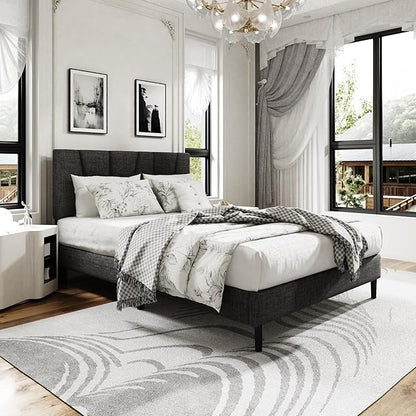 King Size Platform Bed Frame with Modern Upholstered Headboard, Wooden Slats Support, Noise Free, No Box Spring Needed, Easy Assembly, Dark Grey, Linen