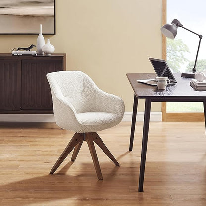 Art Leon Desk Chair No Wheels, Mid Century Modern Office Chair, Swivel Accent Chair with Oak Wood Legs, Boucle Fabric Upholstered Arm Chair, White