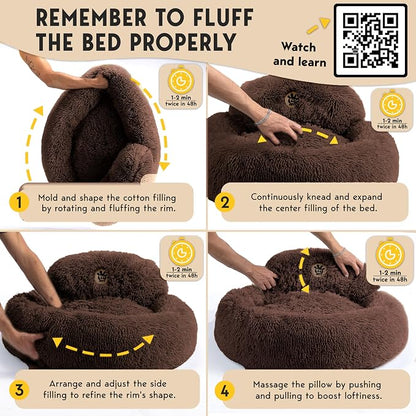 PetJett Dog Beds Large Sized Dog - 36'' Calming Round Bed, Anti-Slip & Washable Super Soft Donut Bed, Fluffy Faux Fur Anti-Anxiety Premium Comfort Pet Bed, Fits Dogs up to 80 lbs - Brown