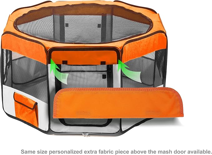 Pawer 45”×24” 8-Panel Foldable Pet Playpen, Orange+Grey, Personalize Embroidery Extra Fabric Piece Available, for Cat/Dog/Puppy, 600D Oxford Cloth Portable Indoor & Outdoor Kennel with Carry Bag