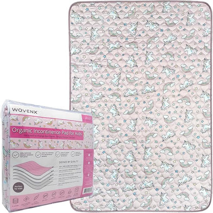 Organic Incontinence Pads for Kids & Toddlers - 5 Layer Waterproof Protectors for Overnight Bed Wetting - Reusable & Washable Pee Pads - Fits Twin to Full Size Beds - 34" x 52" Unicorn