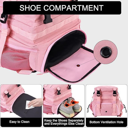 LHI Military Tactical Backpack for Men and Women 45L Army 3 Days Assault Pack Bag Large Rucksack with Shoe Compartment - Pink