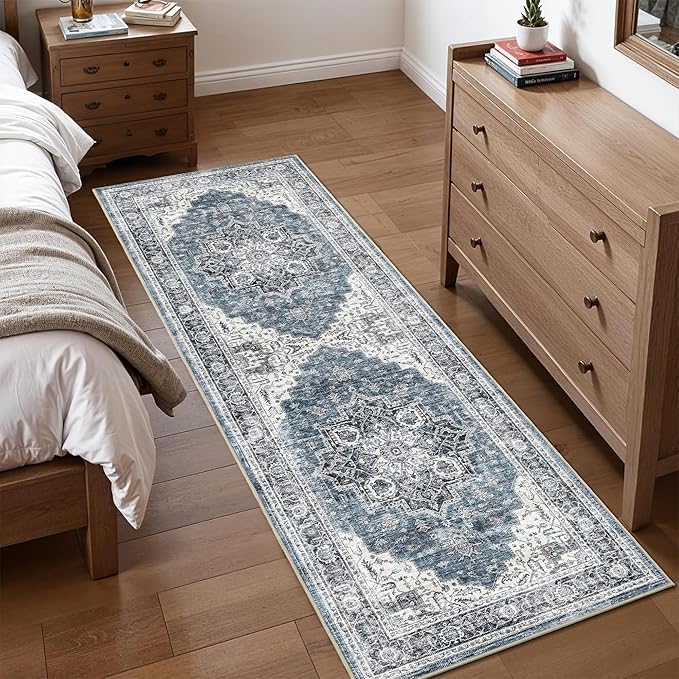 2x6 Vintage Runner Rug Low Pile Runners Non-Slip Machine Washable Rug Retro Distressed Print Lightweight Carpet for Hallway Kitchen Living Room Bedroom Laundry Room