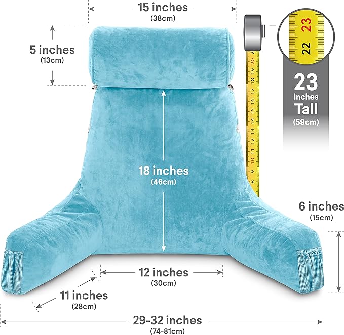 Husband Pillow Medium Carolina Blue, Backrest for Kids, Teens, Petite Adults - Reading Pillows with Arms, Adjustable Plush Memory Foam, Bed Rest Chair Sitting Up, Detach Neck Roll, Removable Cover