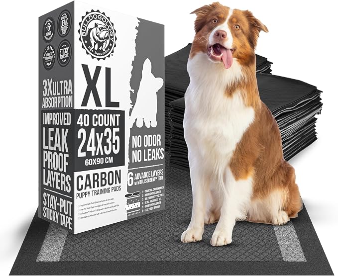 Bulldoglogy Carbon Black XL Dog Pee Pads for Extra Large Dogs with Adhesive Sticky Tape - Extra Large Charcoal Housebreaking Dog Pee Pads Disposable (24x35) (40-Count, Black)