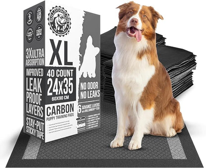Bulldoglogy Carbon Black XL Dog Pee Pads for Extra Large Dogs with Adhesive Sticky Tape - Extra Large Charcoal Housebreaking Dog Pee Pads Disposable (24x35) (40-Count, Black)