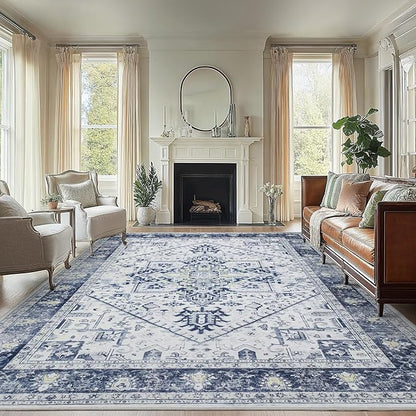 AMADA HOMEFURNISHING 8x10 Area Rugs, Low-Profile Large Washable Area Rug with Non-Slip Backing & Durable Edge Binding, Vintage Rugs for Living Room, Bedroom, Dinning Room