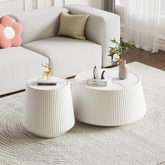 Round Coffee Table Set with Sintered Stone Tabletop, 26.77" White Drum Center Table and 19.68" White Coffee Table Set, 2 Pieces Living Room Table Set with Fluted PU Leather Cover& Stable Base