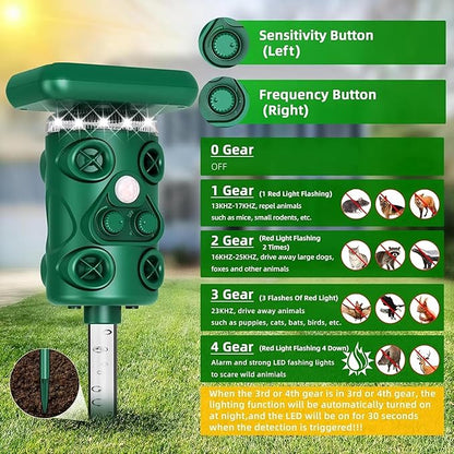 Solar Ultrasonic Deer Repellent Device – Animal & Raccoon Repellent Outdoor with Motion Sensor Flashing LED, IP54 Waterproof Wildlife Deterrent, 13.5–45.5KHz Dual Chip Pest Repeller 2PK