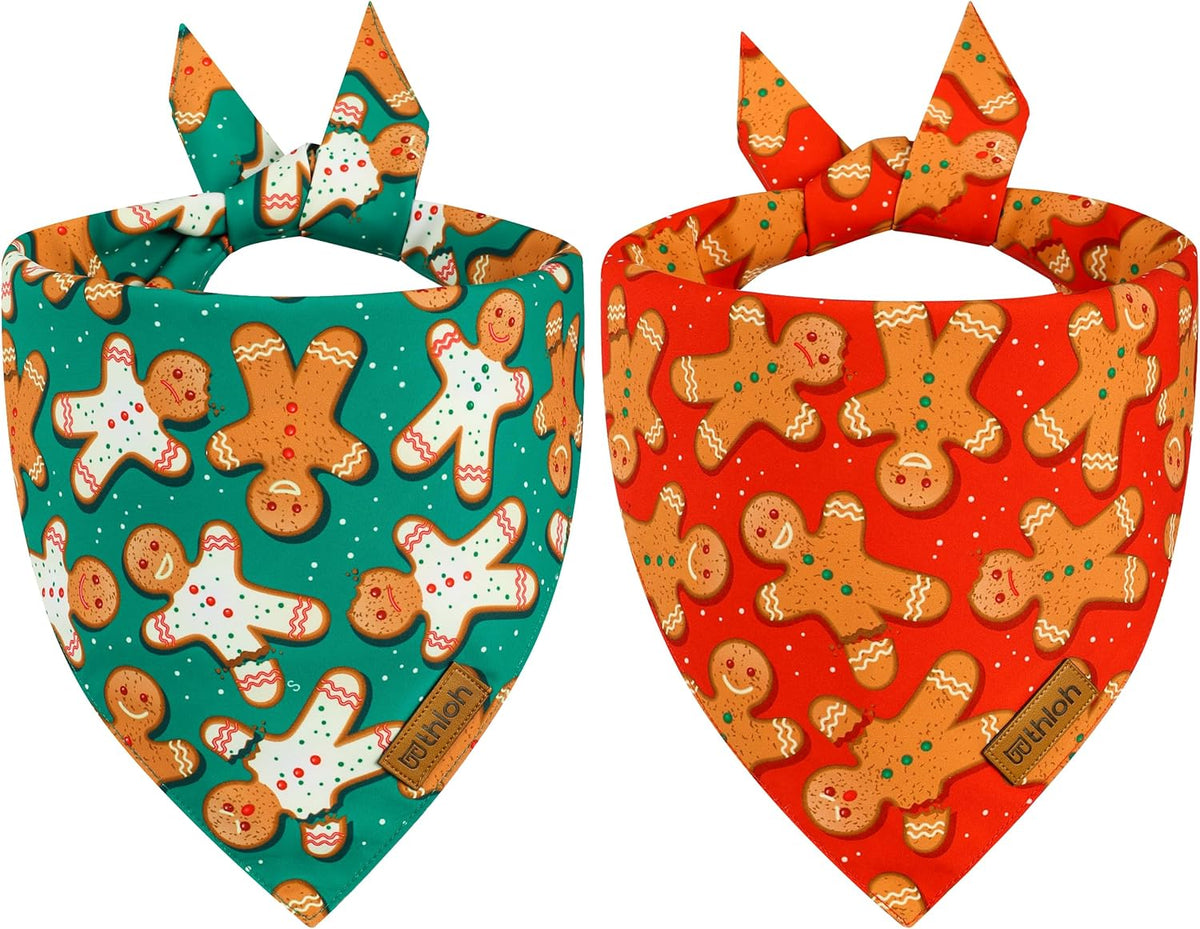 Christmas Dog Bandanas - 2 Pack Reversible Gingerbread Man Dog Scarf for Boy & Girl, Premium Durable Fabric, Festival Dog Bib, Holiday Bandana for Small and Medium Dogs (Small)