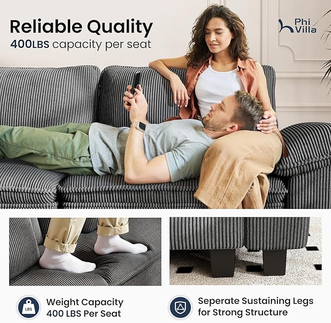 PHI VILLA Indoor Lounge Sofa Chair, One-Person Oversized Sectional Sofa with Ottoman, Single Chaise with Upholstered Deep Seat for Bedroom Reading, Corduroy Fabric, Grey