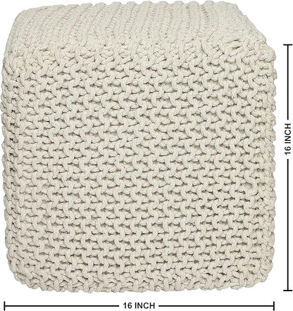 REDEARTH Square Pouf Ottoman Foot Stool - Hand Knitted Bean Bag - Cord Boho Pouffe - Accent Poof for Living Room - Nursery - Bedroom - Kids Bedroom - Patio - 100% Cotton (16" x 16" x 16") - Ivory