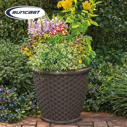 Suncast 2 Pack Sonora 22 Inch Plastic Wicker Indoor or Outdoor Decorative Garden Flower Planter for Entryways, Porch, and Backyard Patios, Dark Brown