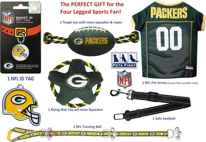 NFL Green Bay Packers PET GIFT BOX with 2 Licensed DOG TOYS, 1 Logo-engraved NATURAL DOG TREAT, 1 NFL JERSEY, 1 NFL Puppy Training Bells & 1 Car Seatbelt