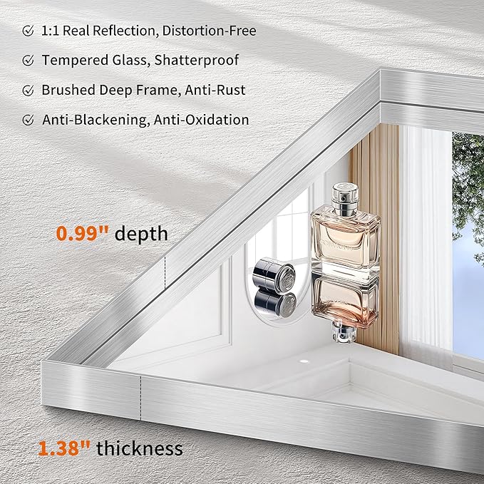 CIRCUMI Silver Bathroom Mirror, Brushed Finish, Tempered Glass, Mirror