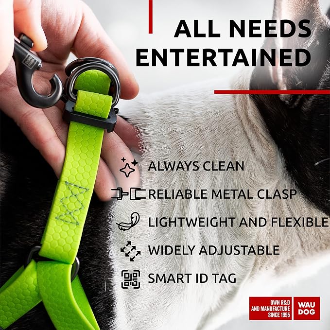 WAUDOG Waterproof Harness - Adjustable for Large, Medium & Small Dogs - Heavy Duty with Metal Clasp, QR Tag - Green (24-35in)