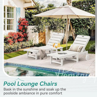 Outdoor Chaise Lounge Chairs with Table, 6-Piece, 26.8” Super Wide Lounge Chair Outdoor, HDPS Pool Chairs with 5 Positions, Patio Lounge Chair with Wheels for Pool,Lawn,Backyard, White