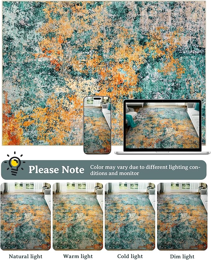 Washable Area Rug for Living Room: 8x10 Modern Abstract Neutral Soft Rug for Bedroom Dining Room No Slip Low Pile Carpet for Nursery Home Office - Teal/Orange