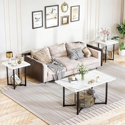 AWQM Coffee Table Set of 3, Industrial Coffee Table with 2 Square End Side Tables, Modern Living Room Table Set with Metal Frame for Apartment Home Office