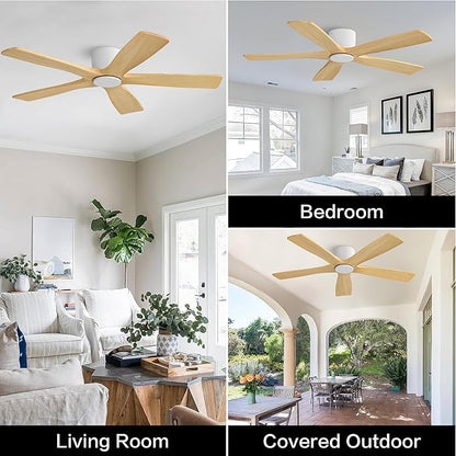 WINGBO 48" Flush Mount DC Ceiling Fans Without Lights, 5 Carved Solid Wood