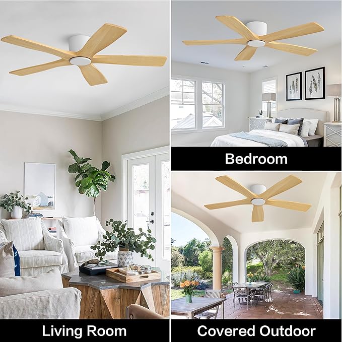 WINGBO 54" Flush Mount DC Ceiling Fans Without Lights, 5 Carved Solid Wood