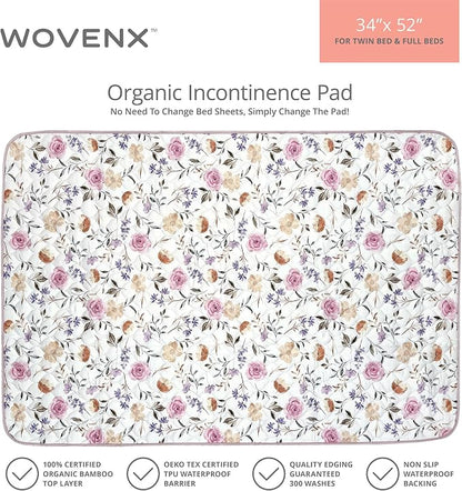Organic Incontinence Pads for Kids & Toddlers - 5 Layer Waterproof Protectors for Overnight Bed Wetting - Reusable & Washable Pee Pads - Fits Twin to Full Size Beds - 34" x 52" Flower